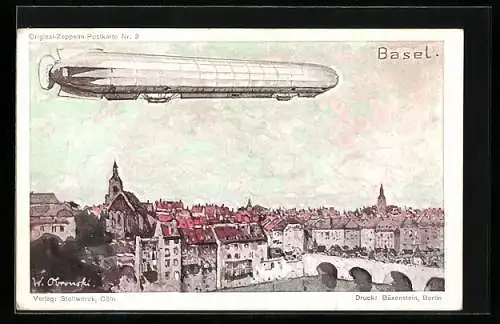 AK Basel, Zeppelin über der Stadt, Reklame für Schokoladenkonzern Gebrüder Stollwerck A. G.