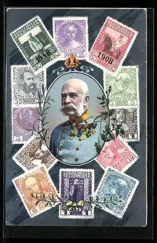 AK Kaiser Franz Josef I. von Österreich gerahmt von österreichischen Briefmarken