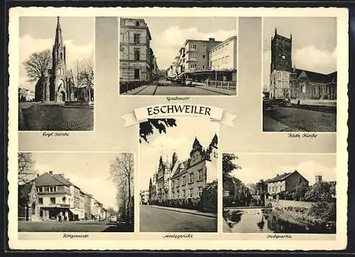 AK Eschweiler, Evgl. Kirche, Grabenstrasse, Kath. Kirche, Rötgenerstrasse, Amtsgericht, Indepartie