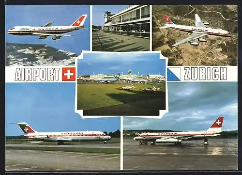 AK Zürich, Flughafen-Gesamtansicht und Abfertigungshalle, vier Flugzeuge der Swissair
