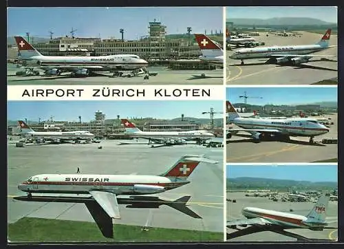 AK Zürich /Kloten, Flughafen, Maschinen der SwissAir