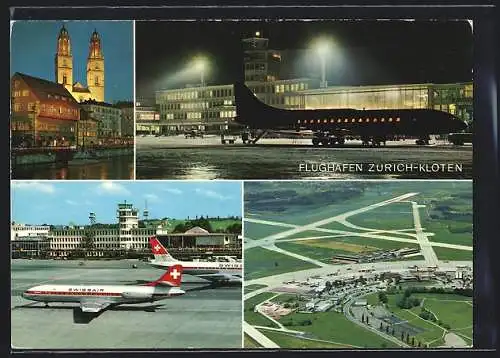 AK Zürich, Flughafen Kloten, Terminal in Abendbeleutung, Luftbild und Flugzeuge der SwissAir