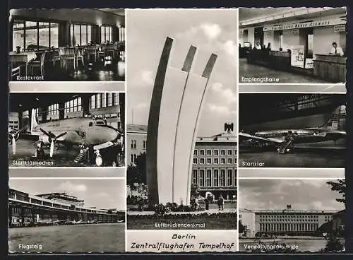 AK Berlin, Zentralflughafen Tempelhof, Luftbrückendenkmal, Restaurant, Flugsteig, Empfangshalle, Verwaltungsgebäude