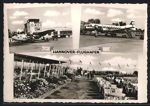 AK Hannover, Flughafen-zwei Ansichten von Propeller-Flugzeugen am Boden, Kaffeegarten