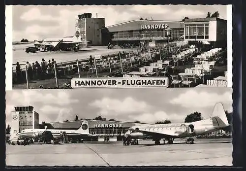 AK Hannover, Flughafen-Kaffeegarten und Flugzeuge am Boden