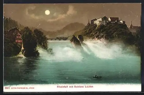 AK Rheinfall mit Schloss Laufen, Wasserfall