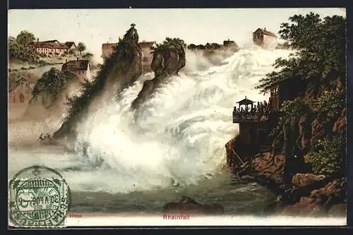 AK Wasserfall, Besucher blicken von der Aussichtsplattform auf den Rheinfall