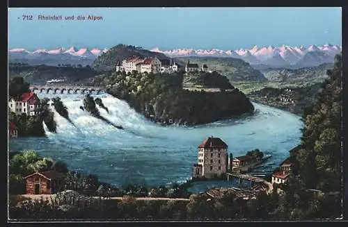 AK Wasserfall, Rheinfall und die Alpen