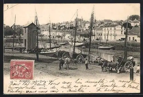 AK Pornic, Le Quai avec des bateaux et des charrettes tirées par des bœufs