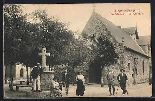 AK Le Pouliguen, Pen-Château, La Chapelle et croix avec habitants