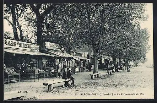 AK Le Pouliguen, La Promenade du Port avec des boutiques et des bancs sous les arbres