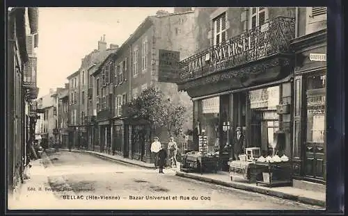 AK Bellac /Hte-Vienne, Bazar Universel et Rue du Coq