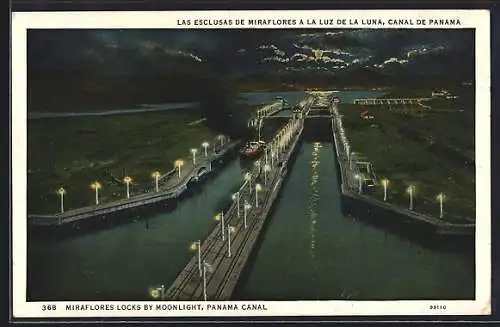 AK Panama, Las Esclusas de Miraflores a la Luz de la Luna, Canal de Panama, Schiffshebewerk, Schiff