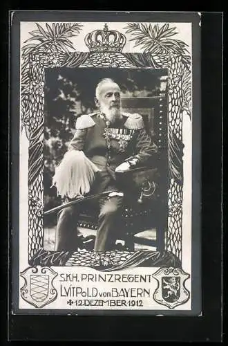 AK Prinzregent Luitpold, Portrait in Zierrahmen mit Trauerrand