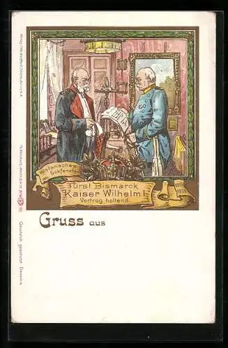 Künstler-AK Fürst Bismarck und Kaiser Wilhelm I. Vortrag haltend