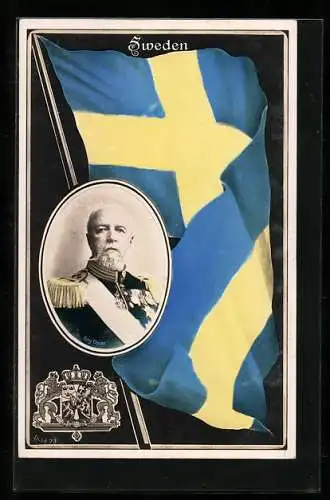 AK King Oscar of Sweden and swedish flag