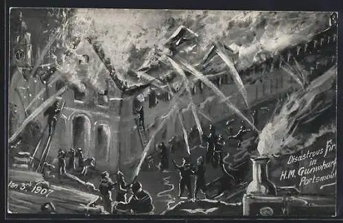 Künstler-AK Portsmouth, Disastrous Fire in H. M. Gunwharf, Feuerwehrleute löschen einen Brand