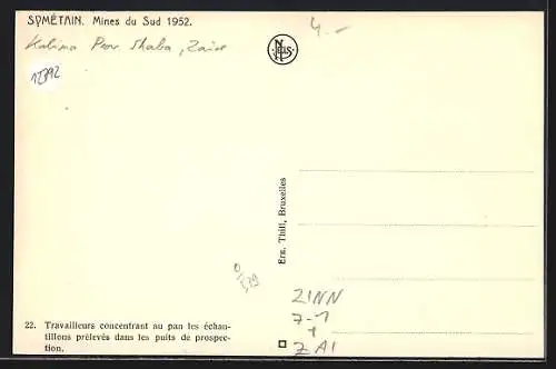 AK Symétain, Mines du Sud 1952, Travailleurs concentrant au pan..., Zinnmine, Bergbau