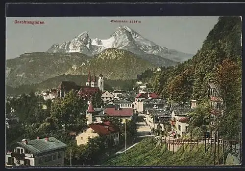 AK Berchtesgaden, Teilansicht mit Kirche und Watzmann