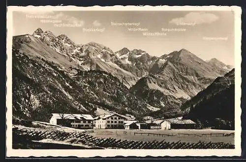 AK Birgsau b. Oberstdorf, Gasthaus Birgsau mit Bockkarkopf, Mädelegabel und Rotgundspitze