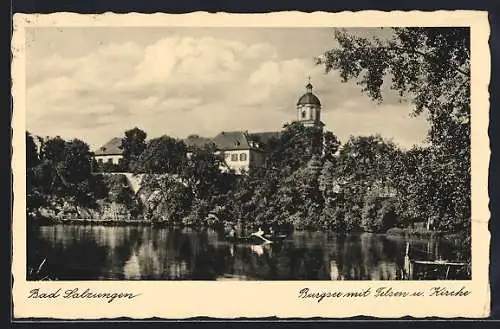 AK Bad Salzungen, Burgsee mit Felsen und Kirche