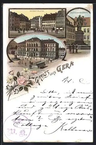 Lithographie Gera, Posthumusdenkmal, der Marktplatz, eine Strassenbahn auf dem Marktplatz