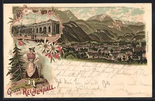 Lithographie Reichenhall, Teilansicht, Colonnaden