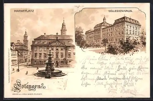 Lithographie Erlangen, Collegienhaus, Marktplatz