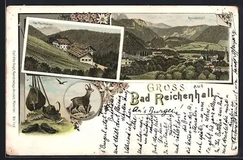 Lithographie Bad Reichenhall, Gesamtansicht aus der Vogelschau und Blick auf das Mauthäusel