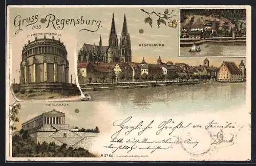 Lithographie Regensburg, Befreiungshalle, Walhalla, Ortsansicht