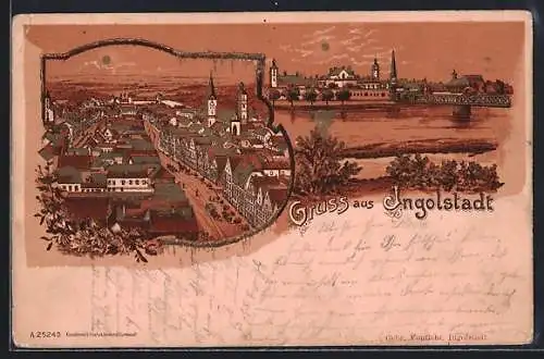 Lithographie Ingolstadt, Blick über die Dächer und Donaubrücke