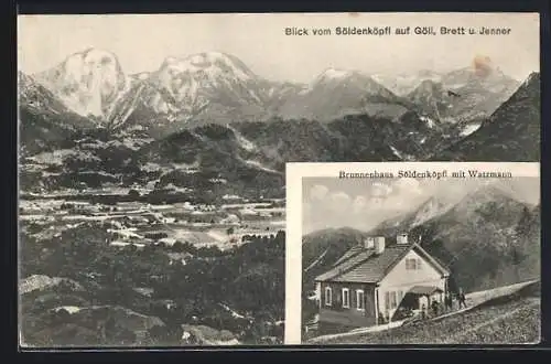 AK Bischofswiesen, Hotel Brunnenhaus Söldenköpfl mit Watzmann, Blick vom Solldenköpfl auf Göll, Brett und Jenner