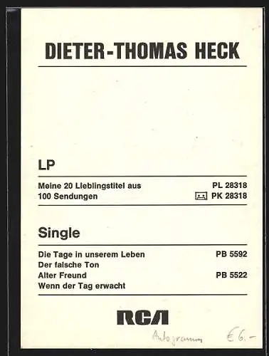 AK Musiker und Showmaster Dieter Thomas Heck, original Autograph
