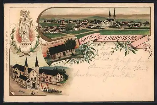 Lithographie Philippsdorf, Kirche und Gesamtansicht, Gnadenbild