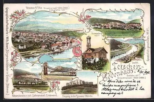 Lithographie Tetschen-Bodenbach / Decin, Höhere landwirtsch. Lehranstalt Liebwerd, Schneeberg, Kettenbrücke