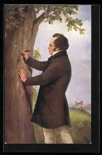 Künstler-AK Franz Schubert, der Komponist ritzt ein Herz in einen Baum