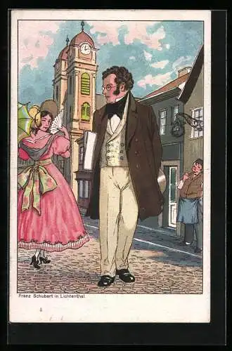 AK Franz Schubert in Lichtenthal zu einer Frau mit Fächer schauend