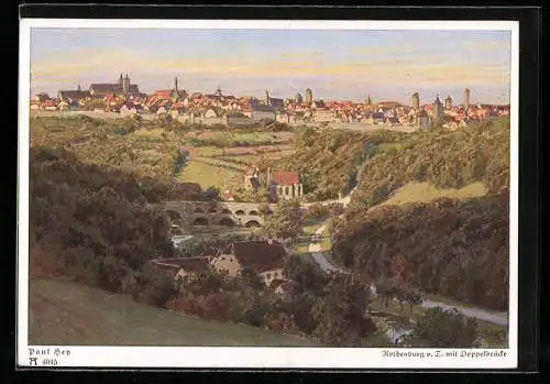 Künstler-AK Paul Hey: Rothenburg o. T., Teilansicht mit Doppelbrücke