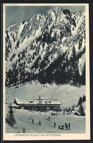 AK Spitzingsee, Unterkunftshaus mit Bergpanorama