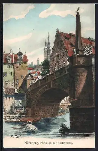 Künstler-AK Nürnberg, Partie an der Karlsbrücke mit Kirche und Boot