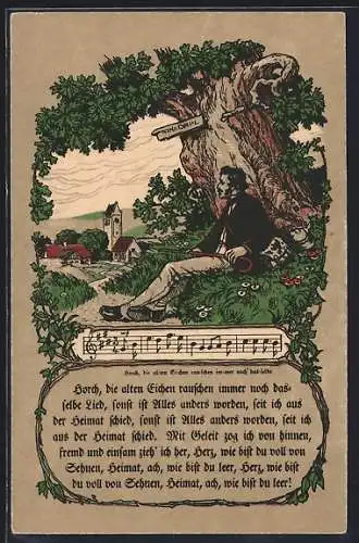 Künstler-AK Mann mit Gehstock sitzt unter einem Baum, Lied Horch, die alten Eichen rauschen