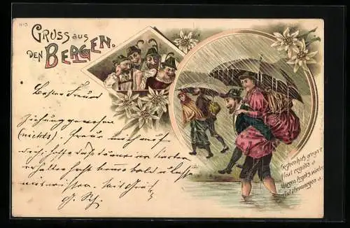 Lithographie Wanderer in den Bergen bei Regen, Mann trägt Frau Huckepack