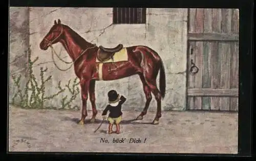 Künstler-AK Herschu: Knabe vor einem grossen Pferd