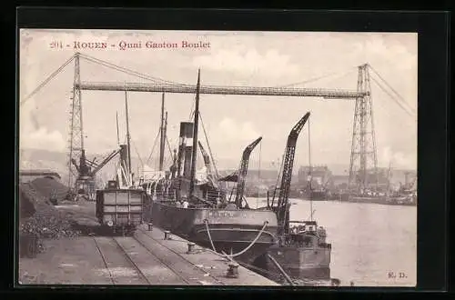 AK Rouen, Quai Gaston Boulet, Hafen mit Dampfer