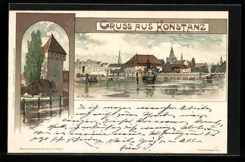 Künstler-AK Karl Mutter: Konstanz, Rheinthorthurm, Hafenpartie