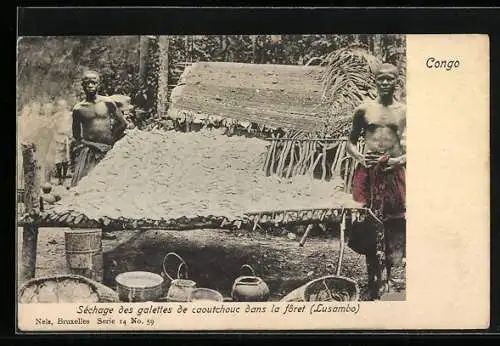 AK Lusambo, Séchage des galettes de caoutchouc dans la foret