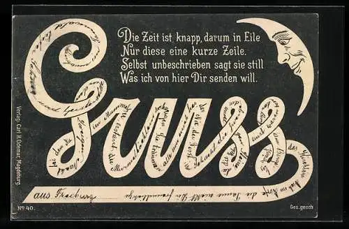 AK Verschlungener Gruss, Mondsichel mit Gesicht