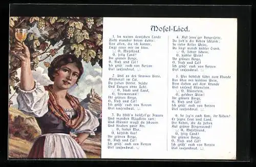 Künstler-AK Mosel-Lied, Frau mit Weinglas