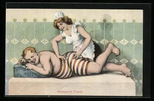 Künstler-AK Wamperls Freud, beleibter Mann bekommt eine Massage