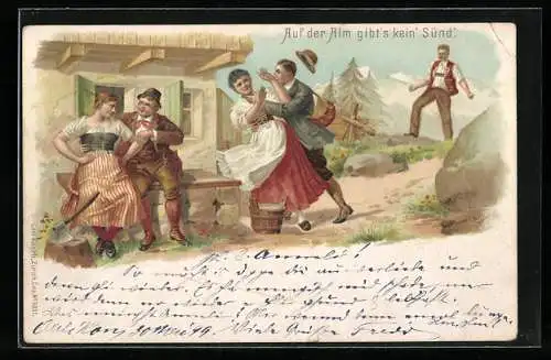 Lithographie Bürger vergnügen sich auf einem Alm-Bauernhof